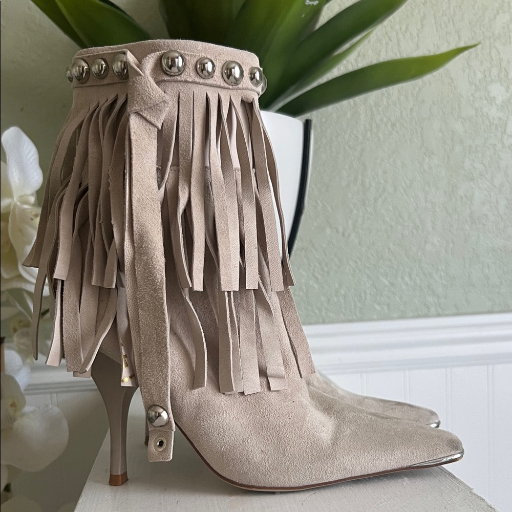 Jeffrey Campbell Taupe Suede Fringe Ankle Boots with Stud Trim